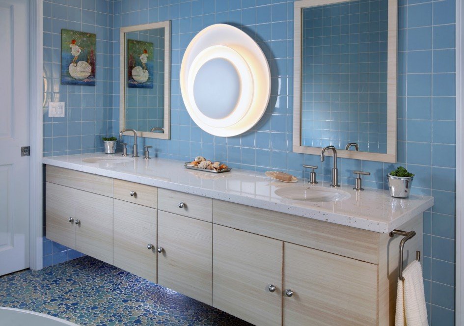 bathroom-lovable-designs-inspirations-using-rectangular-white-mirrors-and-blue-recycled-glass-tiles-for-bathroom-also-with-rectangular-cream-laminate-cabinets-and-white-quartz-countertops-al