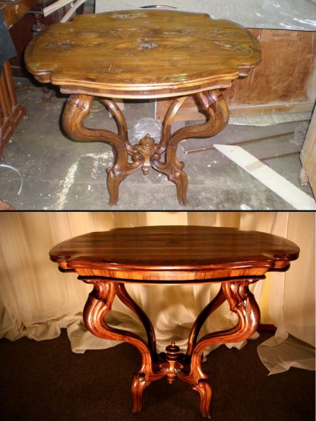 Лакированный стол до и после реставрации