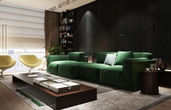 Темно-зеленый диван – яркий акцент в интерьере гостиной