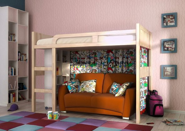 Интерьер современной спальни с кроватью-чердак и диваном-тахтой 