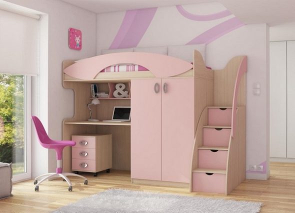Кровать-чердак розового цвета для девочки