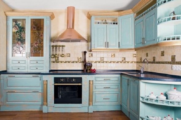 мебель для кухни голубая с патиной
