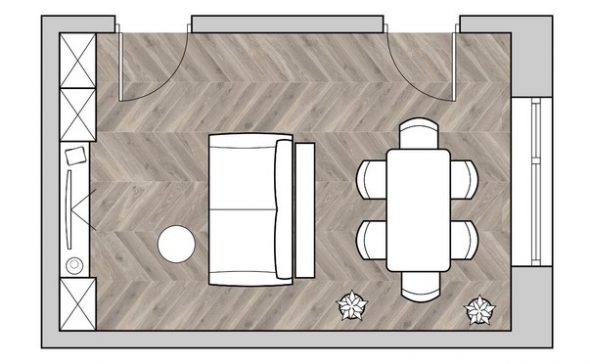 пример планировки маленькой гостиной с обеденным столом